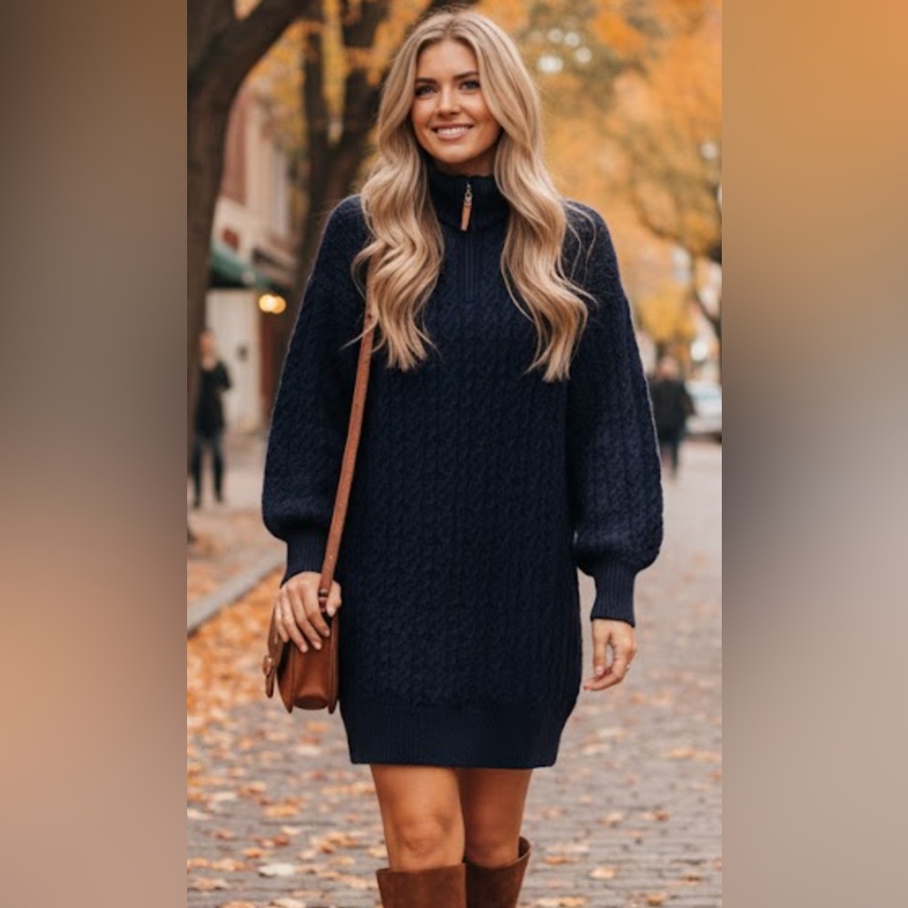 New York & Company Navy Blue Cable Knit Pullover Sweater 1/4 Zip Dress Sz M NWT
